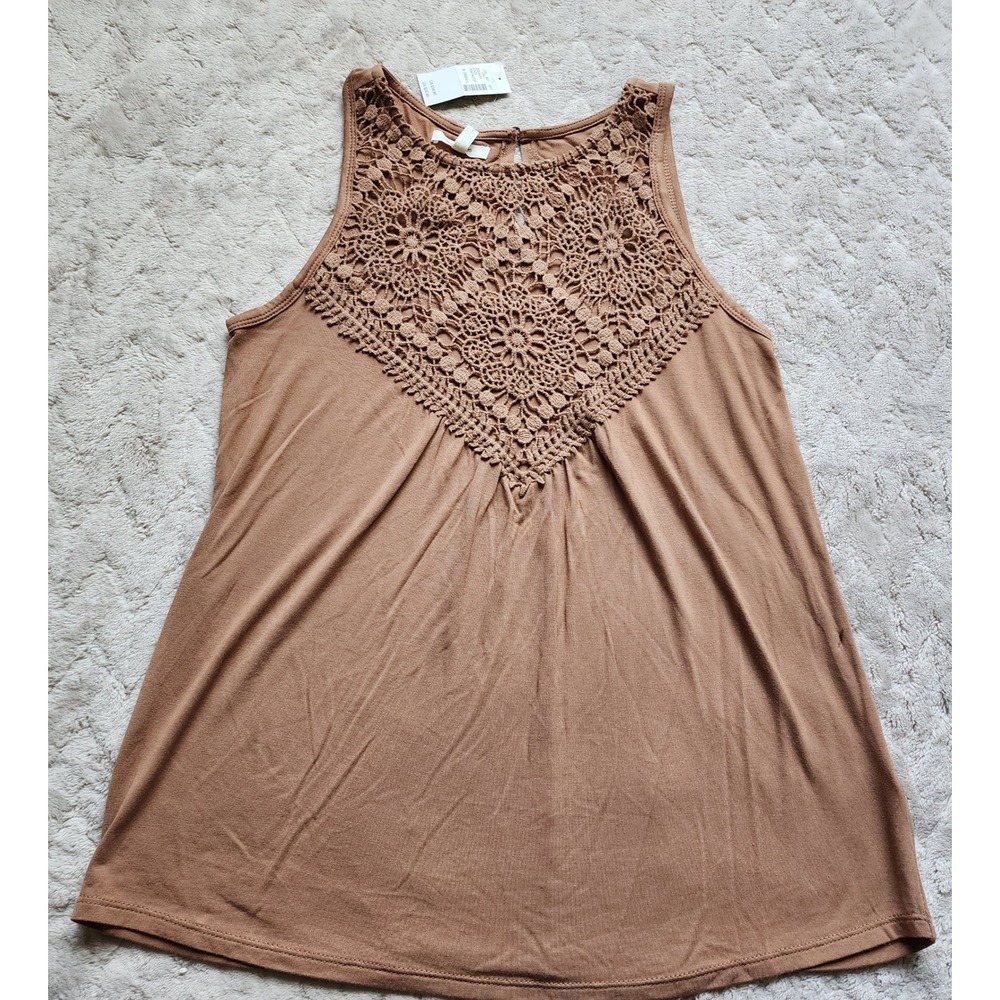 Maurices Womens XS Brown Crochet Lace Sleeveless Tank Top Keyhole Back Boho NWT